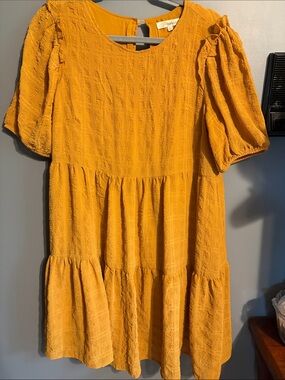 Textured Tiered Puff-Sleeve Dress in Mustard